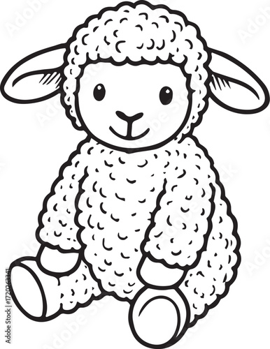 Cuddly Sheep in Black and White: An adorable illustration of a cuddly sheep in a seated posture, ready to bring comfort and warmth to the viewer.