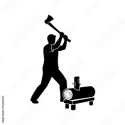 Woodcutter chopping log silhouette isolated on white background