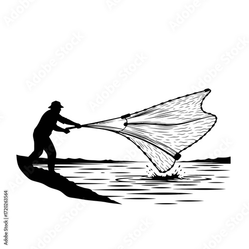 Fisherman casting net silhouette isolated on white background