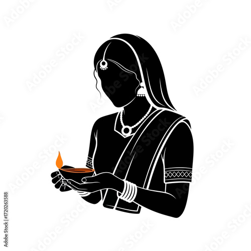Woman in traditional indian attire holding a diya silhouette isolated on white background