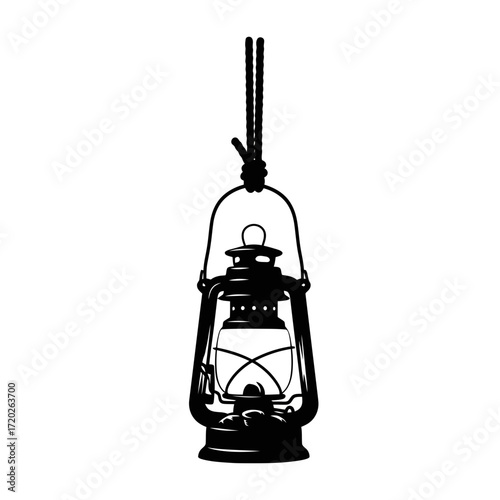 Vintage oil lantern hanging silhouette isolated on white background