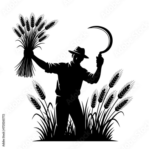 Farmer holding wheat sheaf and sickle silhouette isolated on white background