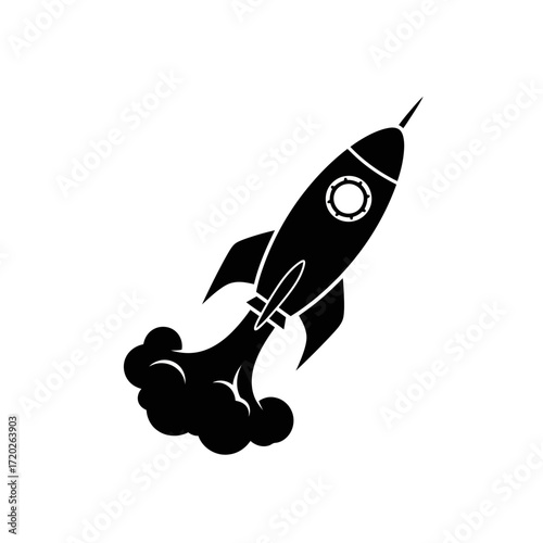 Black rocket ship launching with smoke trail silhouette isolated on white background