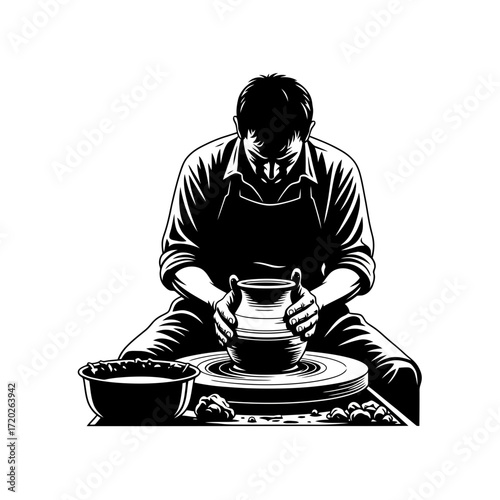 Man making pottery on a wheel silhouette isolated on white background