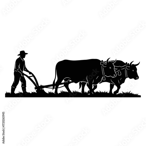 Farmer with oxen plowing field silhouette isolated on white background