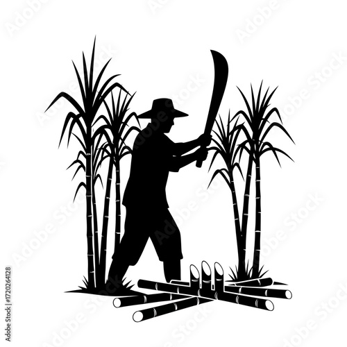 Farmer harvesting sugarcane with a machete silhouette isolated on white background