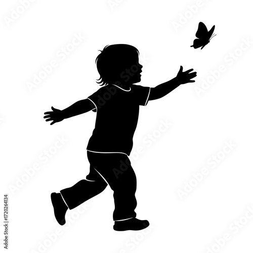 Child reaching for butterfly silhouette isolated on white background