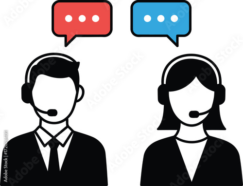 Customer service representatives communicating through speech bubbles