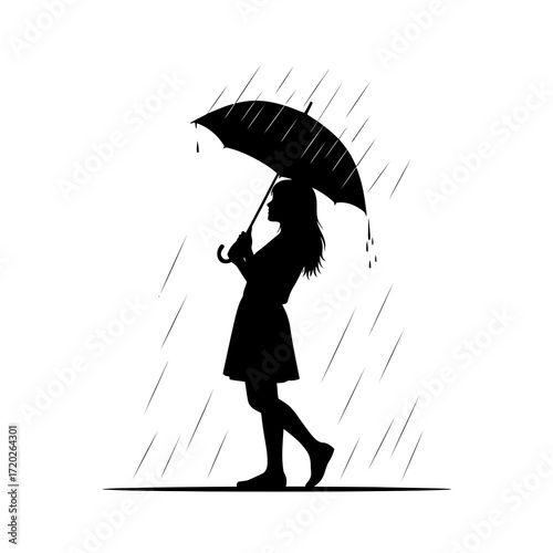 Silhouette of a woman with an umbrella in the rain isolated on white background