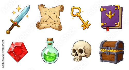 Collection of fantasy adventure game icons including a sword scroll key book gem potion skull and chest isolated on white background