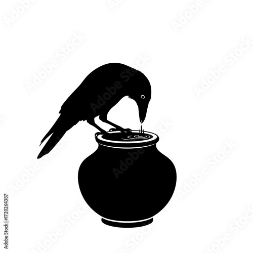 Crow drinking water from a pot silhouette isolated on white background