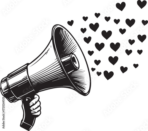 Love Amplified: An illustrated megaphone is held, with a stream of hearts pouring from its speaker, representing the amplification of love and affection.