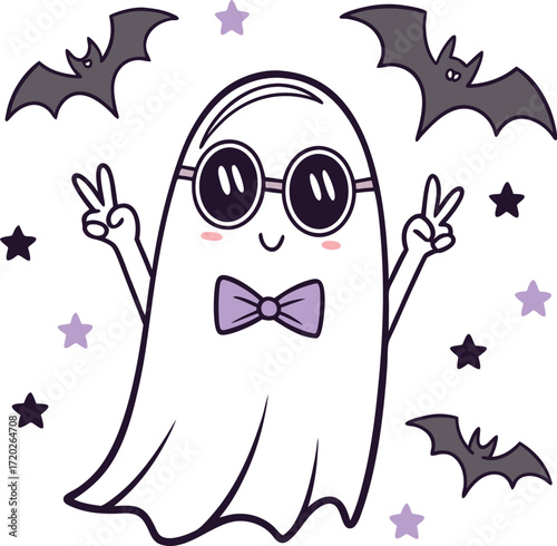 Vector art of cute cartoon ghost with sunglasses and bow tie, giving peace signs, surrounded by bats and stars