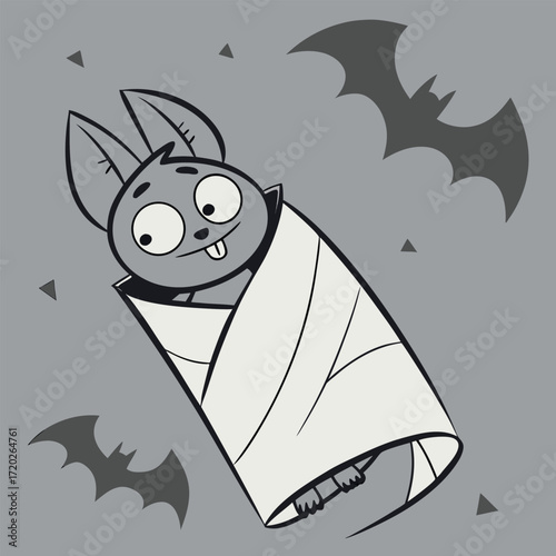 Adorable cartoon bat wrapped up tight for Halloween fun, perfect for children's books, spooky designs, and seasonal promotions this fall