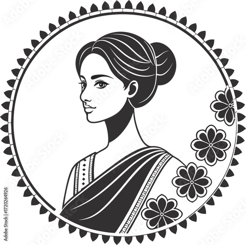 Vector art of indian woman in traditional attire, elegant portrait, cultural representation, artistic illustration