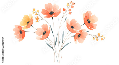 Delicate watercolor painting of a bouquet of soft peach colored flowers isolated on white background