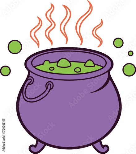 Vector art of a purple witchs cauldron bubbling with green potion and steam rising