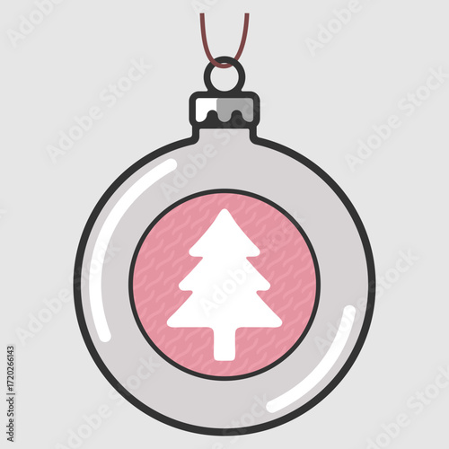 Glass toy with white fir tree engraving, pink background, Christmas decoration