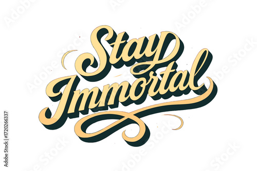 Stay Immortal Artistry. “Stay Immortal”. Retro calligraphic script with bold white flowing letters, elongated