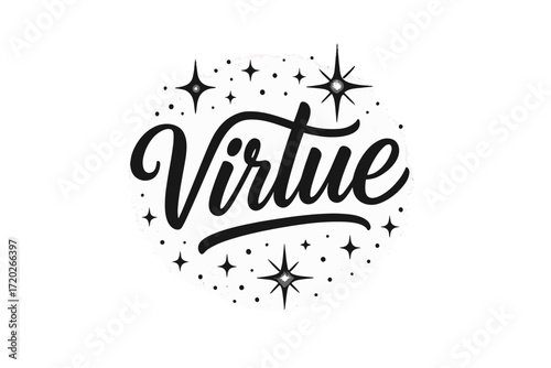 Virtue in Glow. “Virtue”. modern hand lettering, smooth curves, balanced composition, clear readable letters,