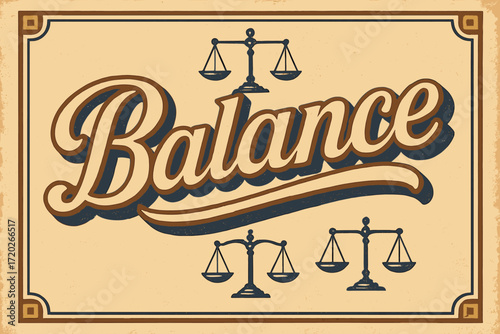 Vintage Balance Design. “Balance”. vintage serif script, shadowed outlines, aged print texture, nostalgic