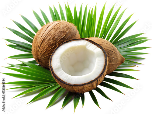 Whole and Halved Coconuts with Green Palm Leaves on White Background whole coconut isolated on a transparent background