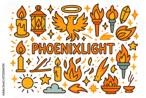 Phoenixlight Doodle Art. Phoenixlight. Hand-drawn doodle illustration of Phoenixlight. flames, candles, fire