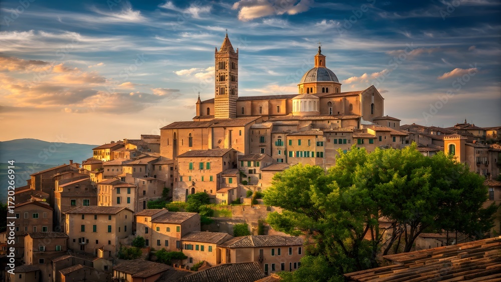 Fototapeta premium Historic Italian hilltop town with baroque cathedral at sunset