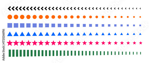 Six rows of geometric shapes: square, circle, triangle, rectangle, line, star, arrow, pointer, arranged in decreasing size and increasing distance from each other. Vector illustration of elements.