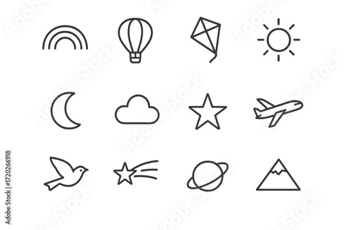 Sky Paradigm Icons. Sky Paradise. Line outline icon set of Sky Paradise: rainbow, hot air balloon, kite, sun,