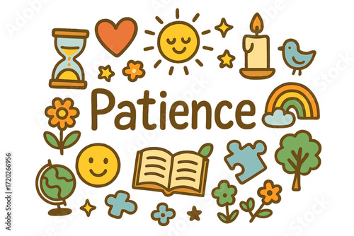 Patience Illustrated Doodle. Patience. Hand-drawn doodle illustration of Patience. Hourglass, heart, sun,