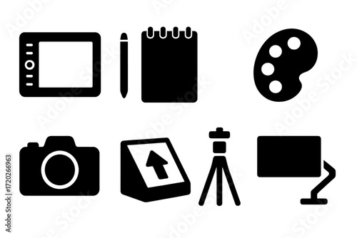 Creative Studio Icons. Creative studio. Filled icon set of Creative studio: drawing tablet, stylus, sketchbook