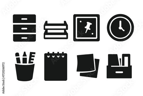 Workspace Icon Set. Workspace organization. Filled icon set of Workspace organization: drawer unit, paper tray