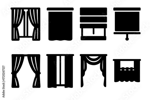Curtain Style Icons. Nature Curtain styles. Filled icon set of Curtain styles: sheer curtain, blackout curtain