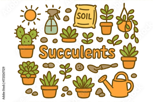 Doodle Succulent Collection. Succulents. Hand-drawn doodle illustration of Succulents. Potted cactus, aloe