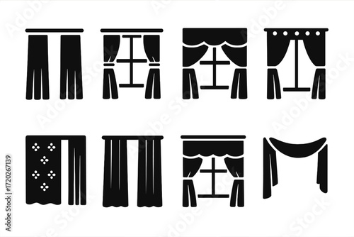 Living Room Curtains Icons. Living room curtains. Filled icon set of Living room curtains: floor-length drape,