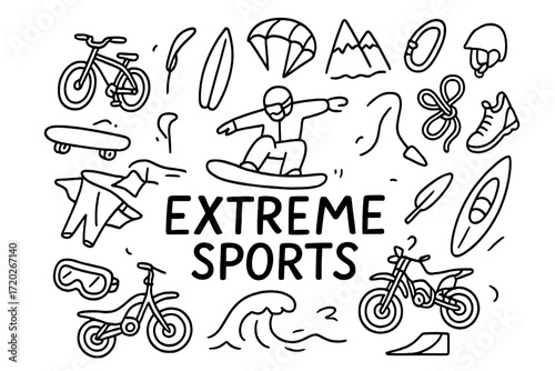 Extreme Sports Doodles. Extreme sports. Hand-drawn doodle illustration of extreme sports. In the middle, one