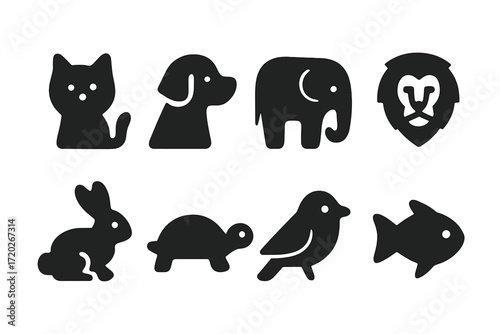 Animal Icon Grid. Animals. Filled icon set of Animals: cat, dog, elephant, lion, rabbit, turtle, bird, fish.