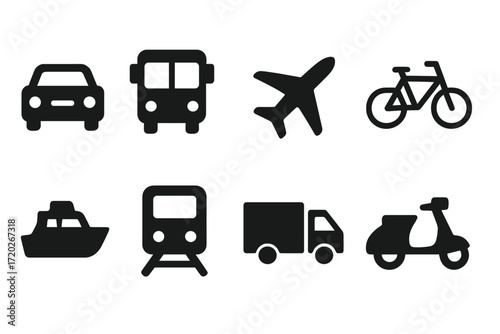 Black Vehicle Icons. Vehicles. Filled icon set of Vehicles: car, bus, airplane, bicycle, boat, train, truck,