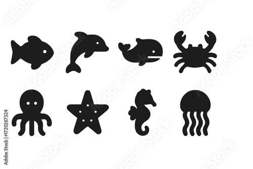 Ocean Life Icons. Ocean life. Filled icon set of Ocean life: fish, dolphin, whale, crab, octopus, starfish,
