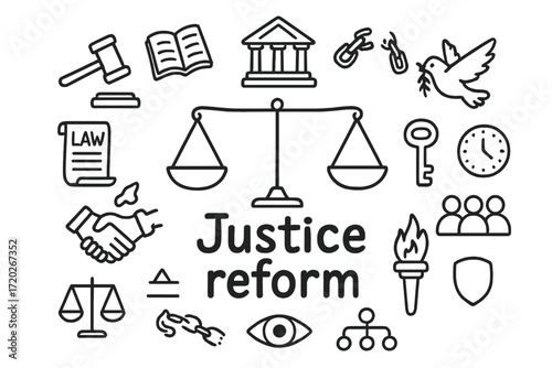 Justice Reform Doodle Art. Justice reform. Hand-drawn doodle illustration of justice reform. In the middle,