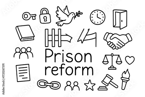 Prison Reform Doodle Art. Prison reform. Hand-drawn doodle illustration of prison reform. In the middle, one