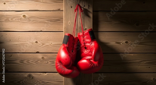 Wallpaper Mural Minimal boxing gloves hanging on wooden wall with soft light creating dramatic sports aesthetic Torontodigital.ca
