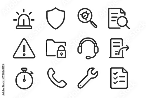 Incident Response Icons. Incident Response. Line outline icon set of Incident Response: siren, shield,