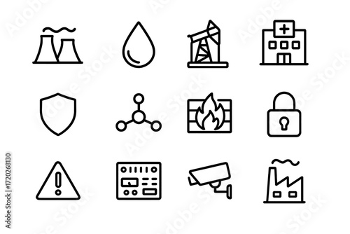 Infrastructure Security Icons. Critical Infrastructure Security. Line outline icon set of Critical