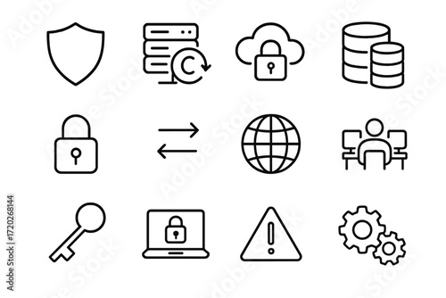 Resilient System Icons. Resilient Systems. Line outline icon set of Resilient Systems: shield, backup server,
