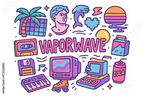 Vaporwave Doodle Collage. Vaporwave. Hand-drawn doodle illustration of Vaporwave. Neon palm tree, bust statue,