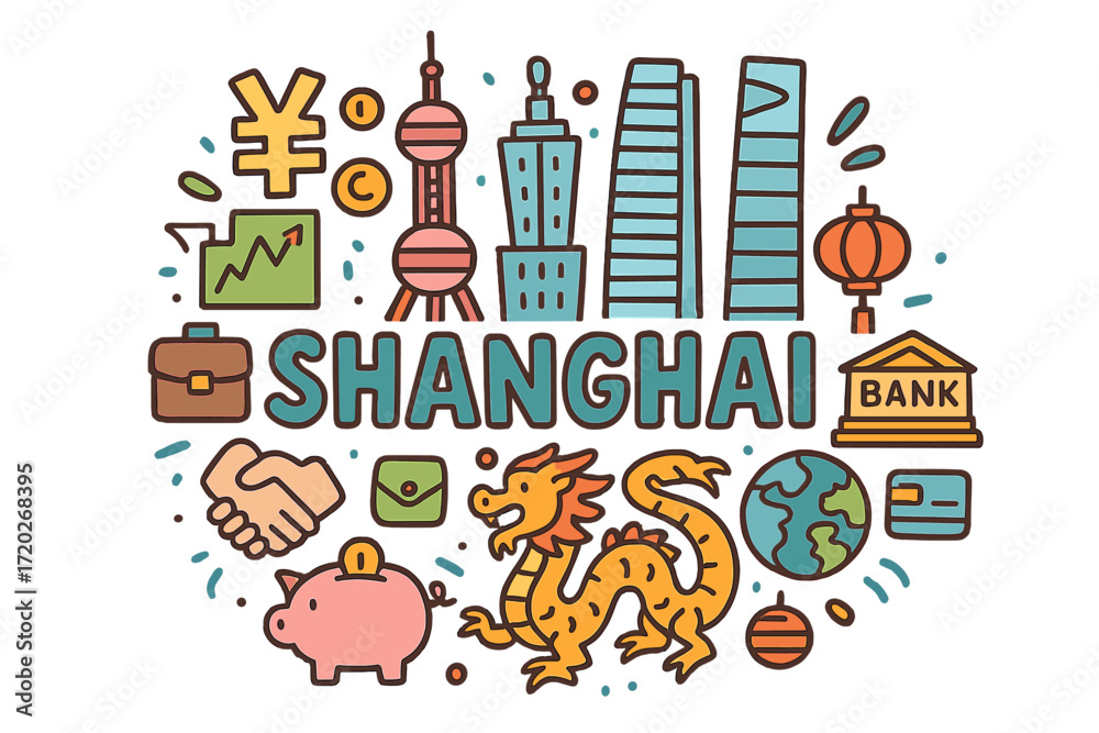 Fototapeta premium Shanghai Doodle Montage. Shanghai. Hand-drawn doodle illustration of Shanghai. Oriental Pearl Tower, yuan sign