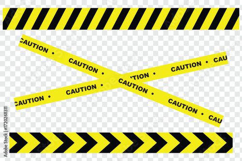 Caution tapes. Yellow warning danger tapes. Do not cross ribbons. Realistic tapes for police, Restricted area, under construction, crime scene. overlapping diagonally ribbon. Yellow Caution Tapes  