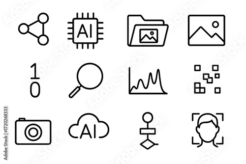 AI Icon Set. AI Image Processing. Line outline icon set of AI Image Processing: neural network, AI chip,